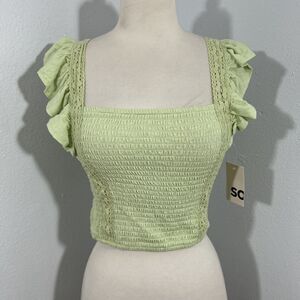 So Crop Top Womens Extra Small Green‎ Cinched Ruffle Sleeves 90s Y2K
